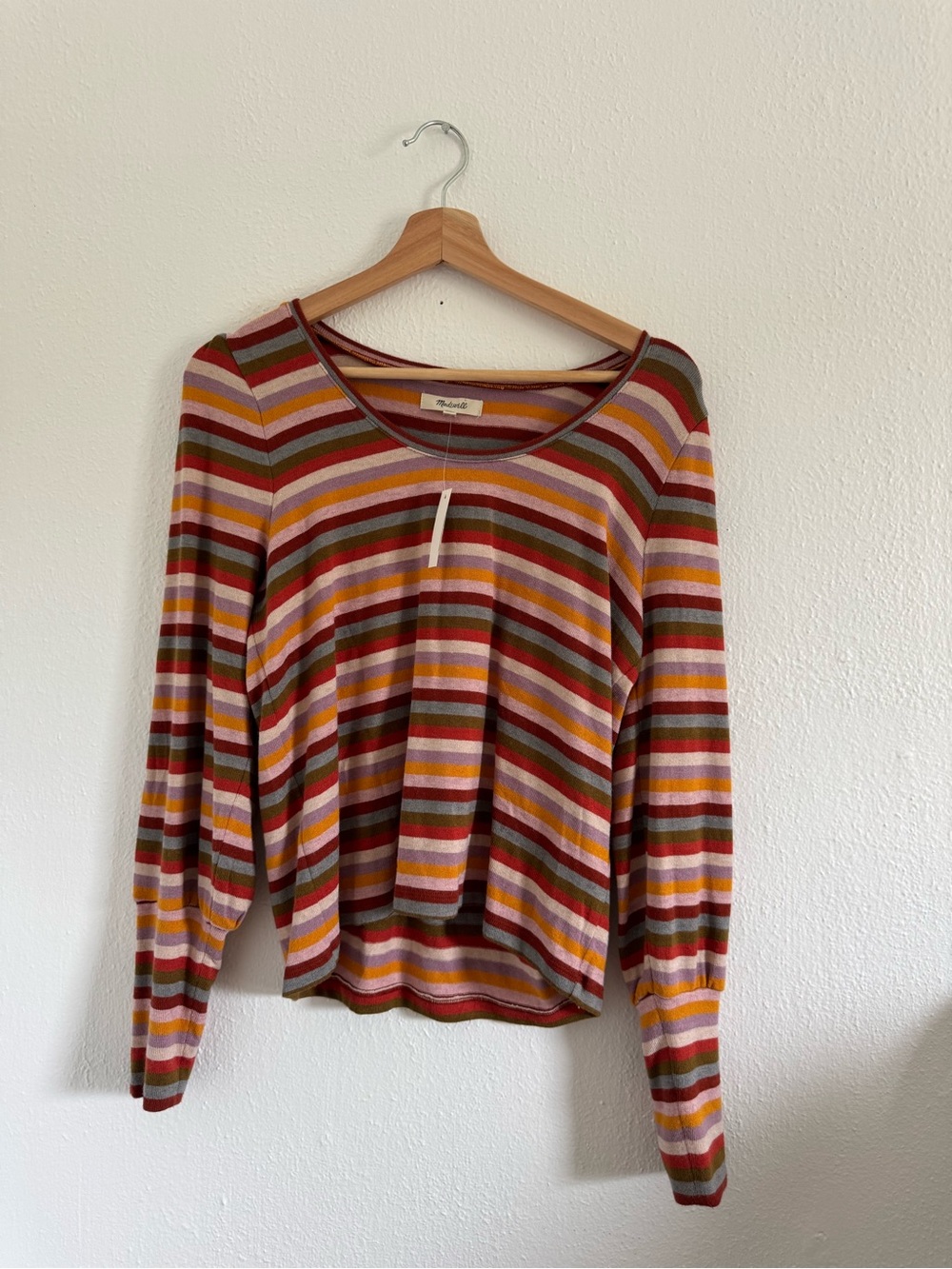 Madewell Long-Sleeve Striped Crewneck Top in Pink, Orange, Green and Cream